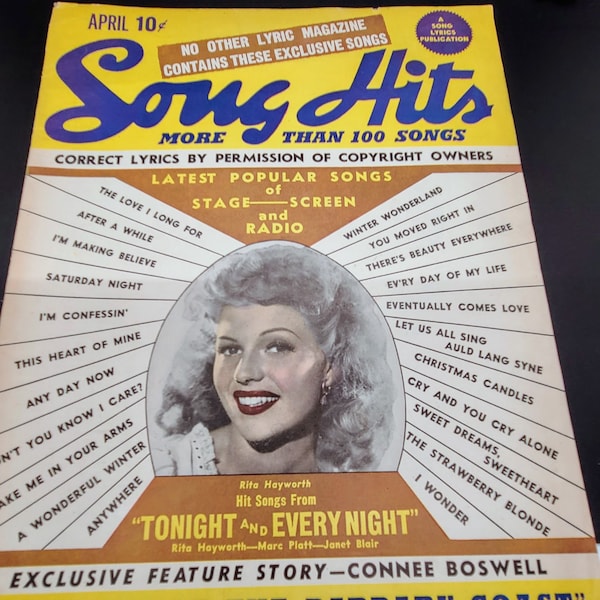 Vintage April 1945 Song Hits Magazine (Lyrics)-Rita Hayworth - Veronica Lake -John Wayne -Sonja Henie - Lana Tuner - Alice Faye - Ann Dvorak