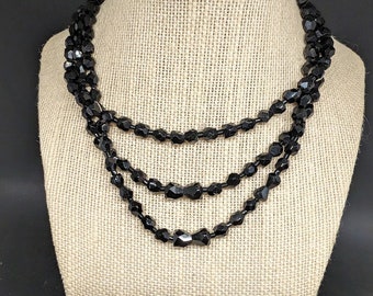 Black Faceted Beaded Three Strand Necklace with Adjustable Clasp 12"