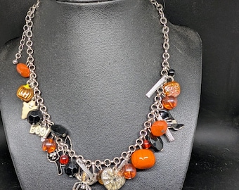 Halloween Charm Necklace -Black Cat - Spiders - Web - Pumpkin - Jack O Lantern-Boo - Glass Bead- Rhinestones - Adjustable