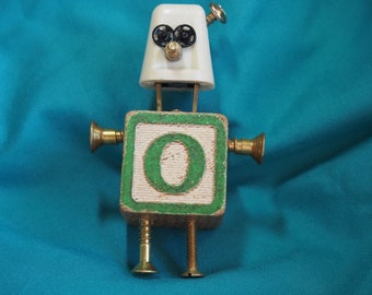 Mini Bot letter "O", mixed media robot sculpture
