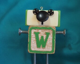 Mini Bot, letter "W", mixed media robot sculpture