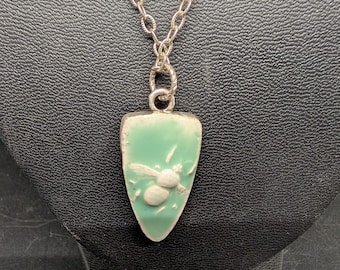 Ceramic Teardrop Light Green Pendant with Bee on Silver Necklace