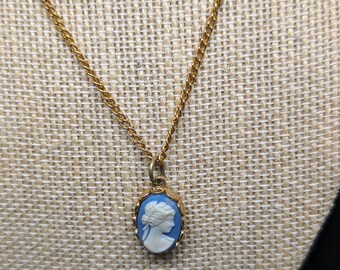 Vintage Cameo Pendant on Gold Necklace - Blue and White Cameo - Avon 19 1/2"