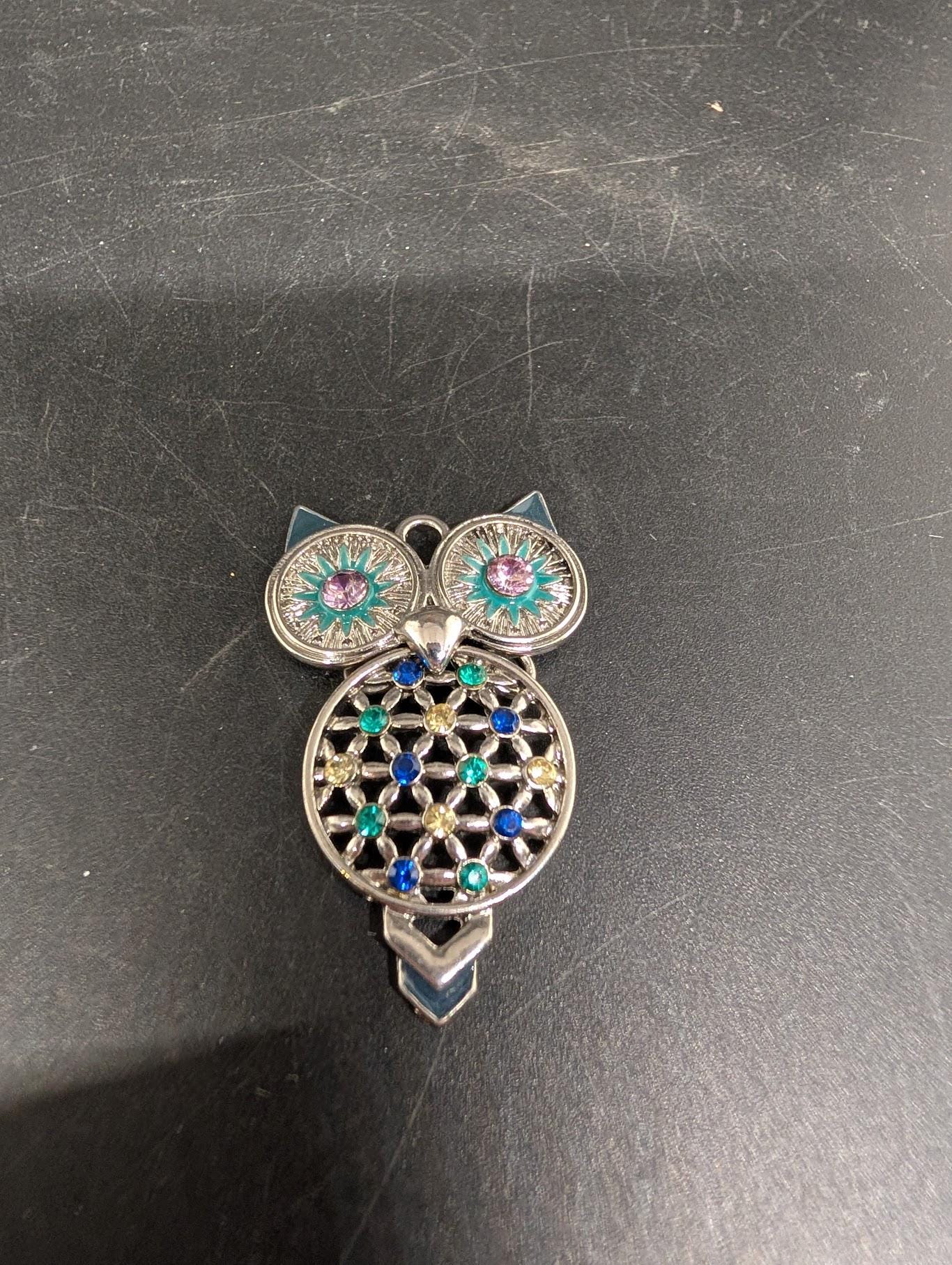 Silver Tone Rhinestone Owl Pendant - Blue Yellow and Pink Accents
