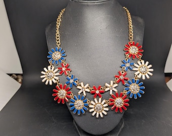 Charming Charlie Starburst Bib Necklace - Red White and Blue with Rhinestones on Gold Chain - Patriotic - Adjustable