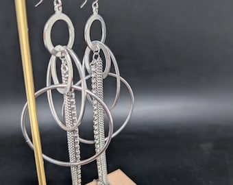 Silver Chunky Dangle Earrings with Circles, rhinestones and chains 3 3/4"