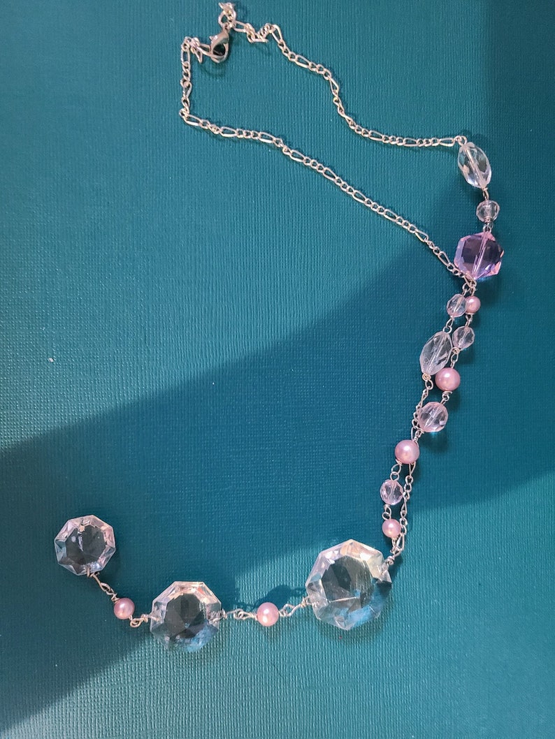 Repurposed Chandelier Necklace with Pink Pearls Clear and Pink Beads and Silver Chain 14 34 Handmade