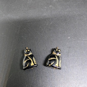 Set of 2 Black Cat with Gold Accent Beads  Glass 1/2&quot; Czech
