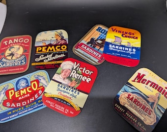 Vintage Lot of 7 Food Sardine Labels -Mermaid - Tango - Vikings Choice - Rondo - Pemco - Victor Renee