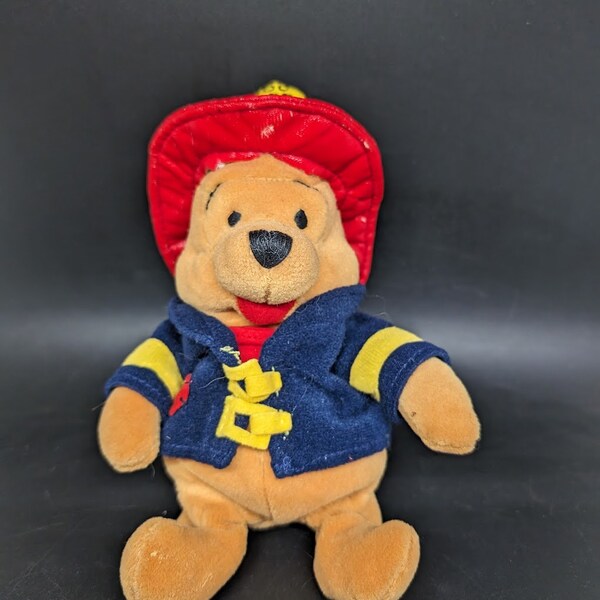 Disney Winnie the Pooh Plush Toy in Fireman outfit with 100 Acre Woods Fire Dept Hat