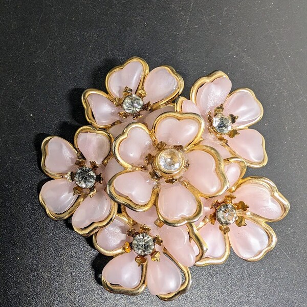 Vintage Pink Flower with Rhinestone Center and gold edges Brooch