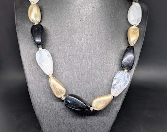 Black Clear White and Silver Beaded Chunky Necklace - Adjustable