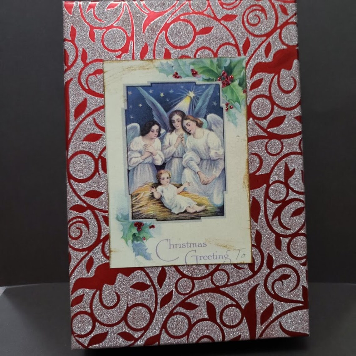 Repurposed Christmas Box with Three Angels and Baby in manger | Etsy