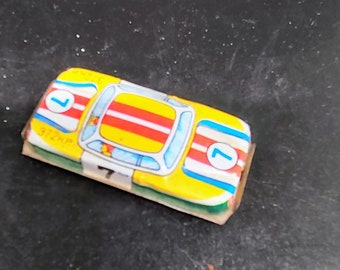 Vintage Tin Made in Japan 372HP #7 Race Car - Yellow Car with Red, White and Blue stripes, Green Bottom of car