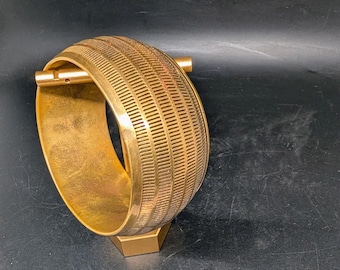 Wide Gold Brass Tone Slotted Pattern Bangle Bracelet