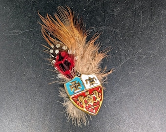 Vintage Shield Pin with Feathers - Maltese Cross Fleur De Lys Shield