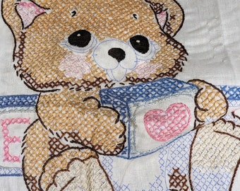 Vintage Teddy Bear Cross Stitch Panel with Blocks - Pillow Size Not Completed