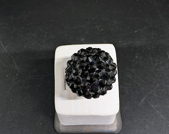Adjustable Black Chunky Rhinestone Ring on Silver Base 7 3/4 adjustable