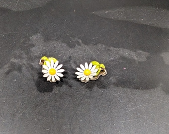 Vintage Enamel Metal Sunflower Clip On Earrings