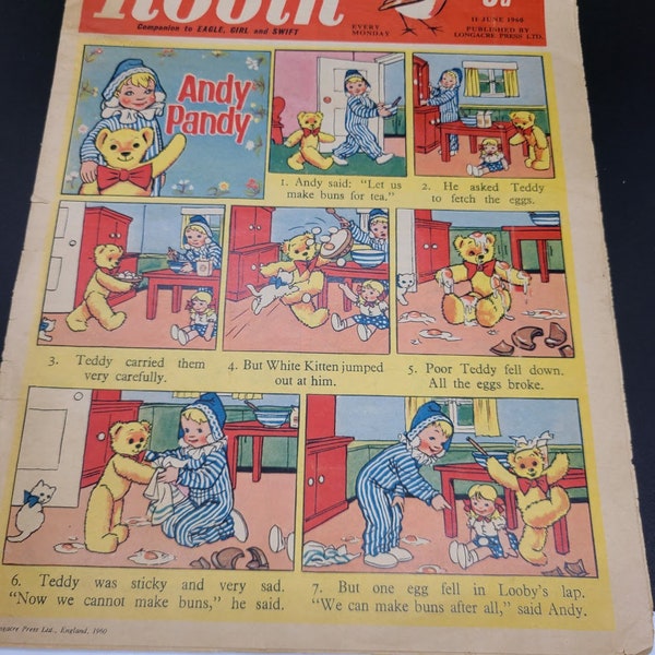 Vintage Robin Magazine 6.11.1969 - Andy Pandy - Periódico infantil - Sardinas - Johnny Bull - Plonk - Bill y Ben the Flower Pot Men