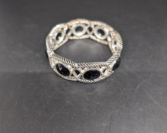 Silver Toned Metal Bracelet with Black Faceted Accents - Stretchy