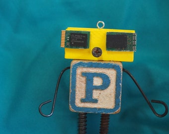 Mini Bot, letter "P", mixed media robot sculpture