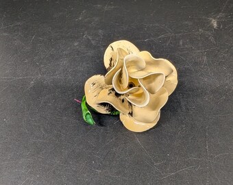 Vintage Cream Enamel Rose Brooch with Black Brushstroke and Green Stem