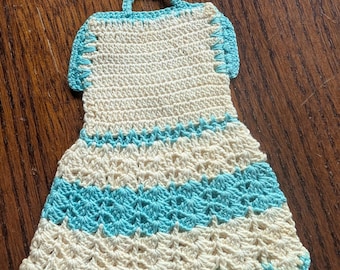 cache-pot vintage au crochet bleu et blanc