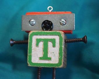 Mini Bot, letter "T", mixed media robot sculpture