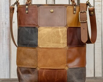 Weekly Limited-Run Bags | Leather tote | Made in USA | The Joanna Patchwork Leather Tote Bag in Earth Tones