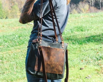 The Classic Waxed Canvas Bag | Tote Bag with Leather Pocket | Crossbody Bag | Small | Made in USA