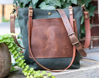 Waxed Canvas Bag | North South Tall | Crossbody Bag | Large with Pocket | Made in USA