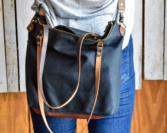 waxed canvas tote with shoulder strap