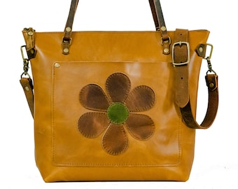 Die Flower Power Leder Einkaufstasche | Limitierte Auflage | Handgemachte Geldbörse | Hergestellt in den USA | Lederhandtasche | Personalisiert