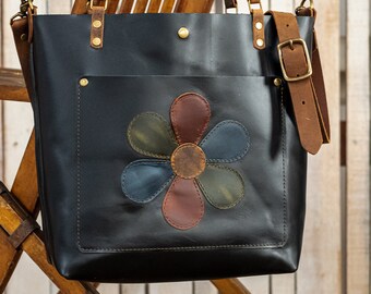 The Flower Power Leather Tote Bag | Limited Edition |  Handmade Purse |  Made in the USA | Leather Handbag | Personalized