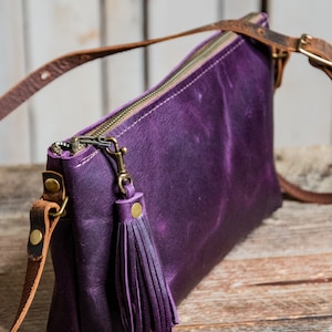 Limited Run Purple Rain Eco-Friendly Leather Crossbody Small Zipper Bag With Tassel