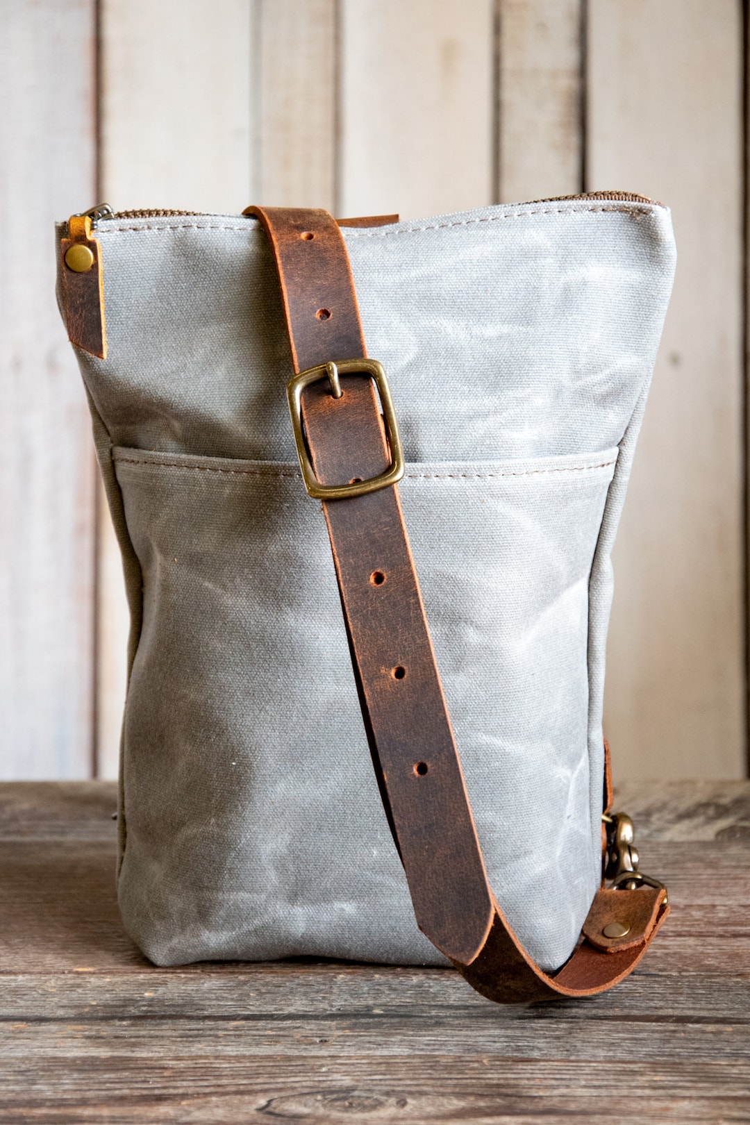 Waxed Canvas Sling Bag Waxed Canvas and Leather Zipper Purse Small Tote