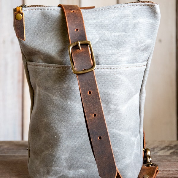 Waxed Canvas Sling Bag | Waxed Canvas and leather Zipper Purse | Small Tote Sling