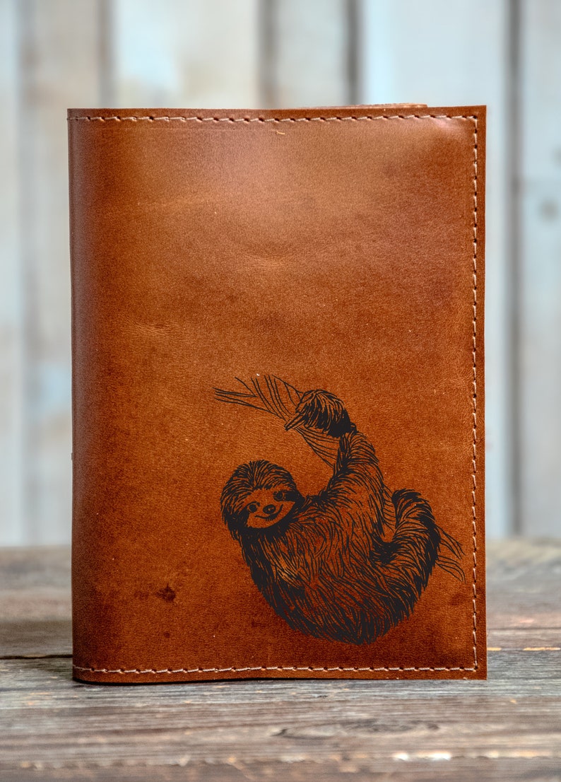 Handmade Leather Journal Personalized Leather Notebook A6 Sketchbook Gift In Blue Handmade Animals Series 5 sloth