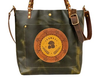 Leather Tote Bag | Leather Purse | Crossbody Bag | Made in USA | Jade Garden Party Mushroom Limited Edition Classic Leather Purse