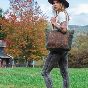 The Classic Waxed Canvas Bag | Tote Bag with Leather Pocket | Crossbody Bag | LARGE | Made in USA