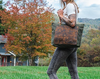 The Classic Waxed Canvas Bag | Tote Bag with Leather Pocket | Crossbody Bag | LARGE | Made in USA