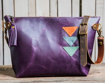 Limited Run Purple Rain Eco-Friendly Leather Bowler With Triangle Applique |  Leather Medium Bowler Bag