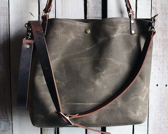 Waxed Canvas Tote |  Leather and Canvas Tote Bag | Large | Made in USA | The Original Minimalist Tote