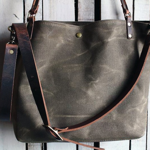 Waxed Canvas Tote Leather and Canvas Tote Bag Large Made Etsy