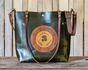 Leather Tote Bag | Leather Purse | Crossbody Bag | Made in USA | Jade Garden Party Mushroom Limited Edition Classic Leather Purse