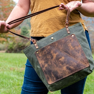 Handmade Waxed Canvas Bag with Leather Pocket & Crossbody Strap | Medium Water-Resistant Tote Made in USA | Shoulder - Crossbody Strap