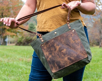 The Classic Waxed Canvas Bag | Tote Bag with Leather Pocket | Crossbody Bag | MEDIUM | Made in USA