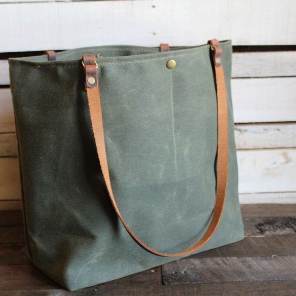 Handmade XL Waxed Canvas Tote Bag with Water Resistant Leather Bottom - Eco-Friendly Simple and Durable Oversized Crossbody Bag