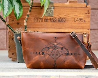 Small Leather Zipper Bag | Handmade Leather Purse |  Handmade Handbag | Crossbody Satchel | Made in USA | Laser Image | Custom